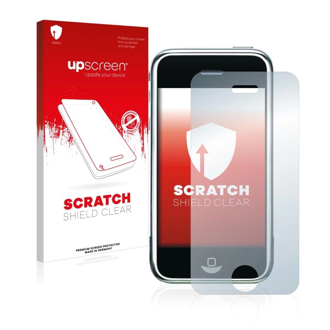 Parte frontal de un envase de producto con el logotipo de la marca upscreen. Al lado se muestra el dispositivo Apple iPhone 2G