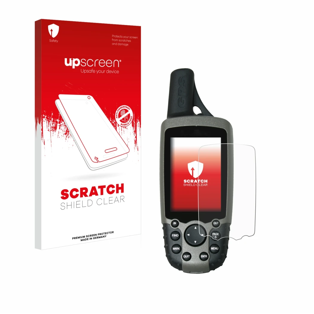 Parte frontal de un envase de producto con el logotipo de la marca upscreen. Al lado se muestra el dispositivo Garmin GPSMAP 6