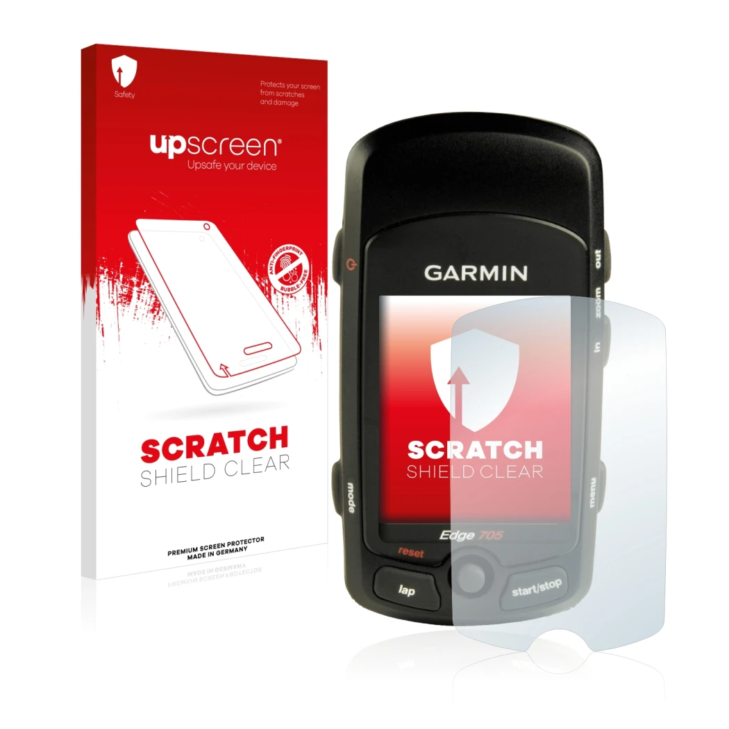 Parte frontal de un envase de producto con el logotipo de la marca upscreen. Al lado se muestra el dispositivo Garmin Edge 705