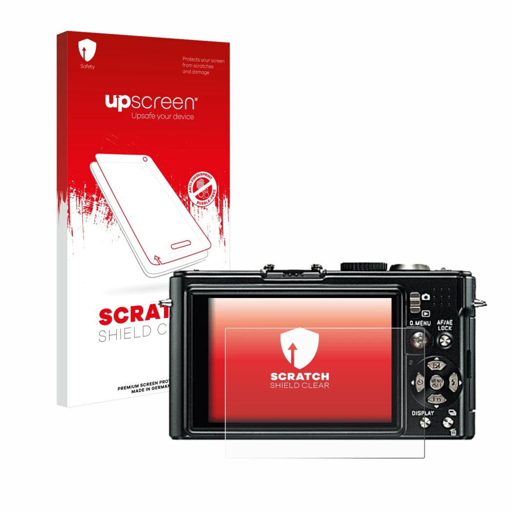 Parte frontal de un envase de producto con el logotipo de la marca upscreen. Al lado se muestra el dispositivo Leica D-Lux 4 c