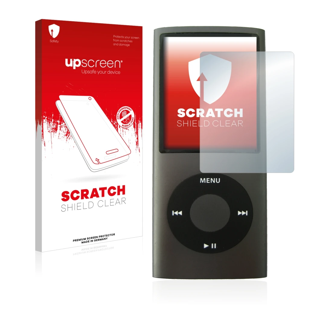 Parte frontal de un envase de producto con el logotipo de la marca upscreen. Al lado se muestra el dispositivo Apple iPod nano