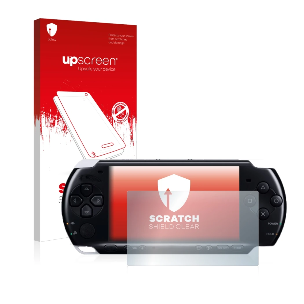 Parte frontal de un envase de producto con el logotipo de la marca upscreen. Al lado se muestra el dispositivo Sony PSP 3004 c