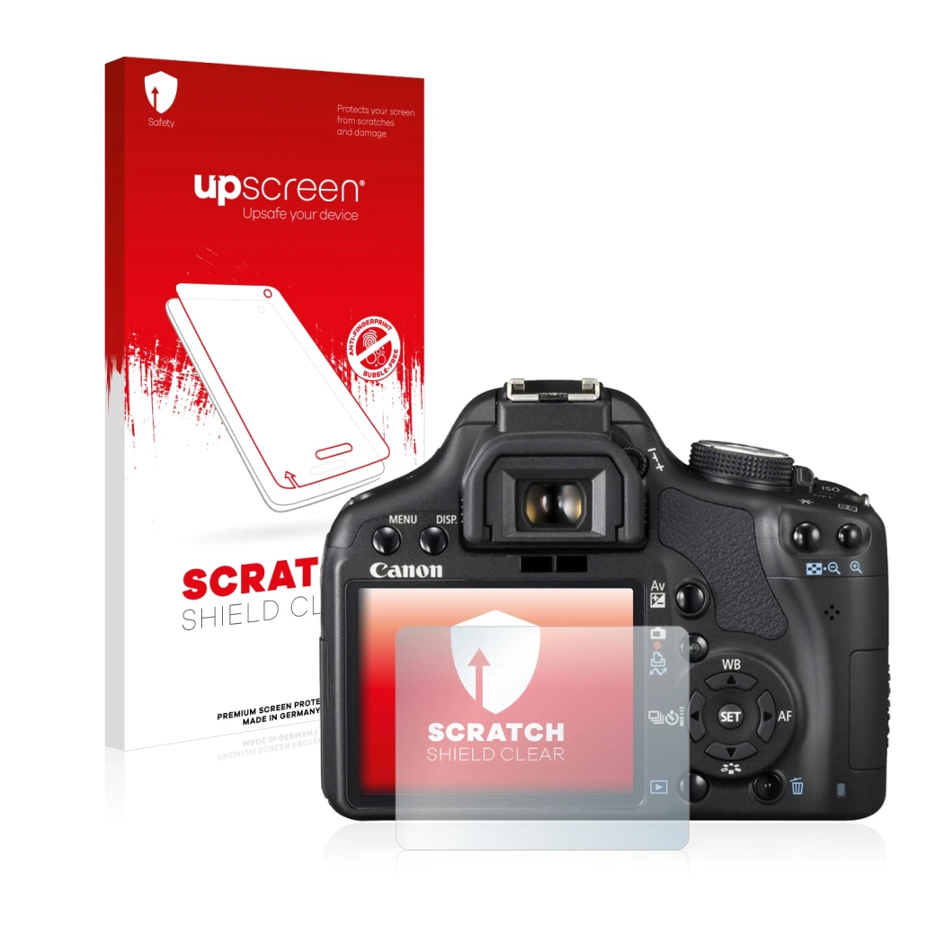 Parte frontal de un envase de producto con el logotipo de la marca upscreen. Al lado se muestra el dispositivo Canon EOS 500D