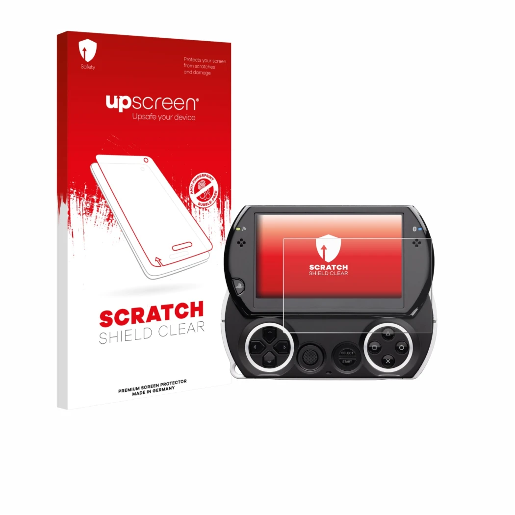 Parte frontal de un envase de producto con el logotipo de la marca upscreen. Al lado se muestra el dispositivo Sony PSP Go con