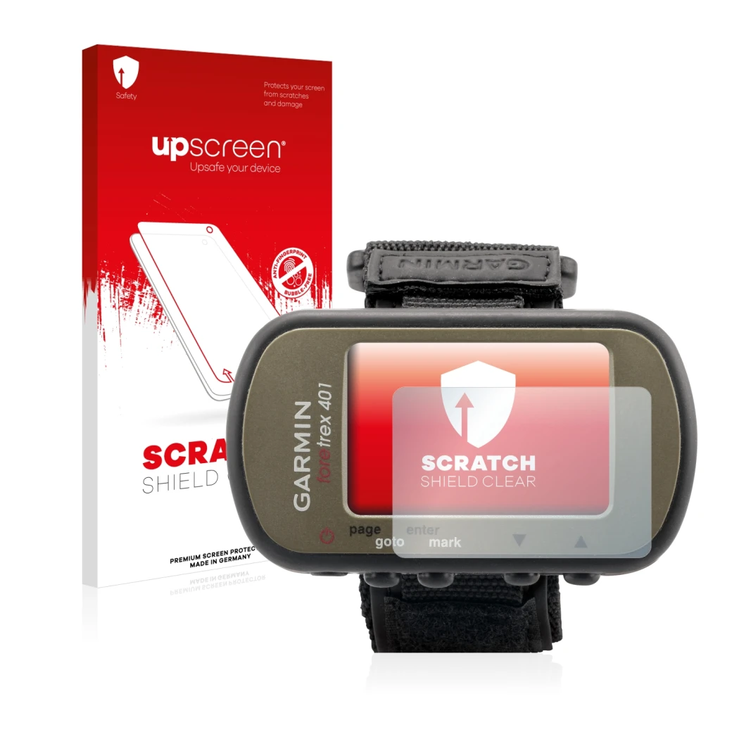 Parte frontal de un envase de producto con el logotipo de la marca upscreen. Al lado se muestra el dispositivo Garmin Foretrex
