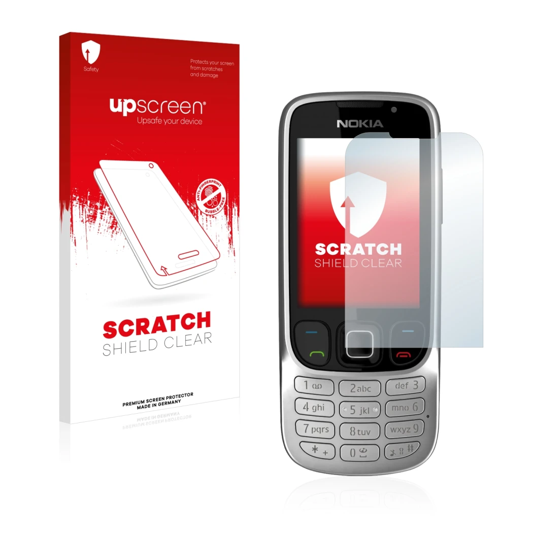 Parte frontal de un envase de producto con el logotipo de la marca upscreen. Al lado se muestra el dispositivo Nokia 6303i cla