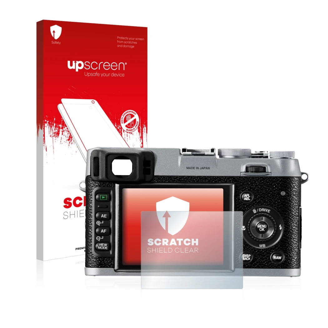 Parte frontal de un envase de producto con el logotipo de la marca upscreen. Al lado se muestra el dispositivo Fujifilm FinePi