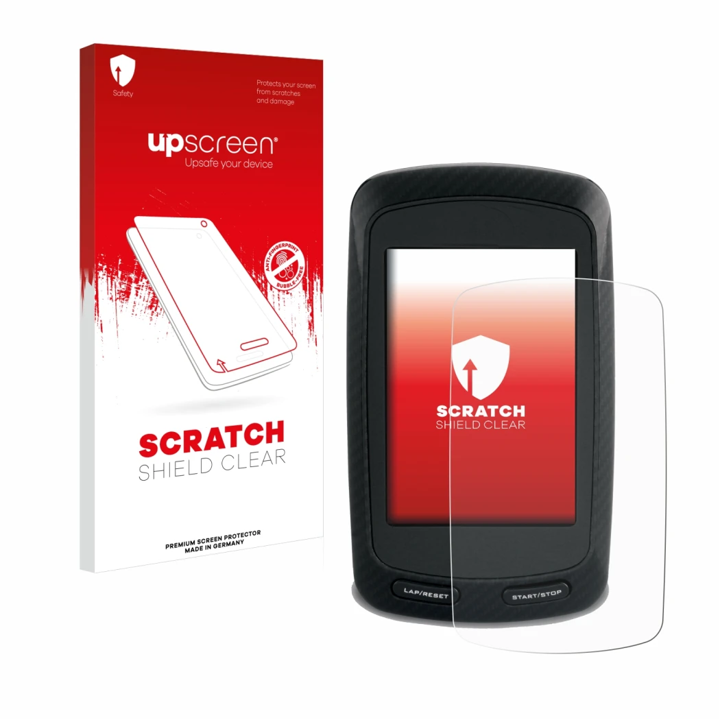 Parte frontal de un envase de producto con el logotipo de la marca upscreen. Al lado se muestra el dispositivo Garmin Edge 800