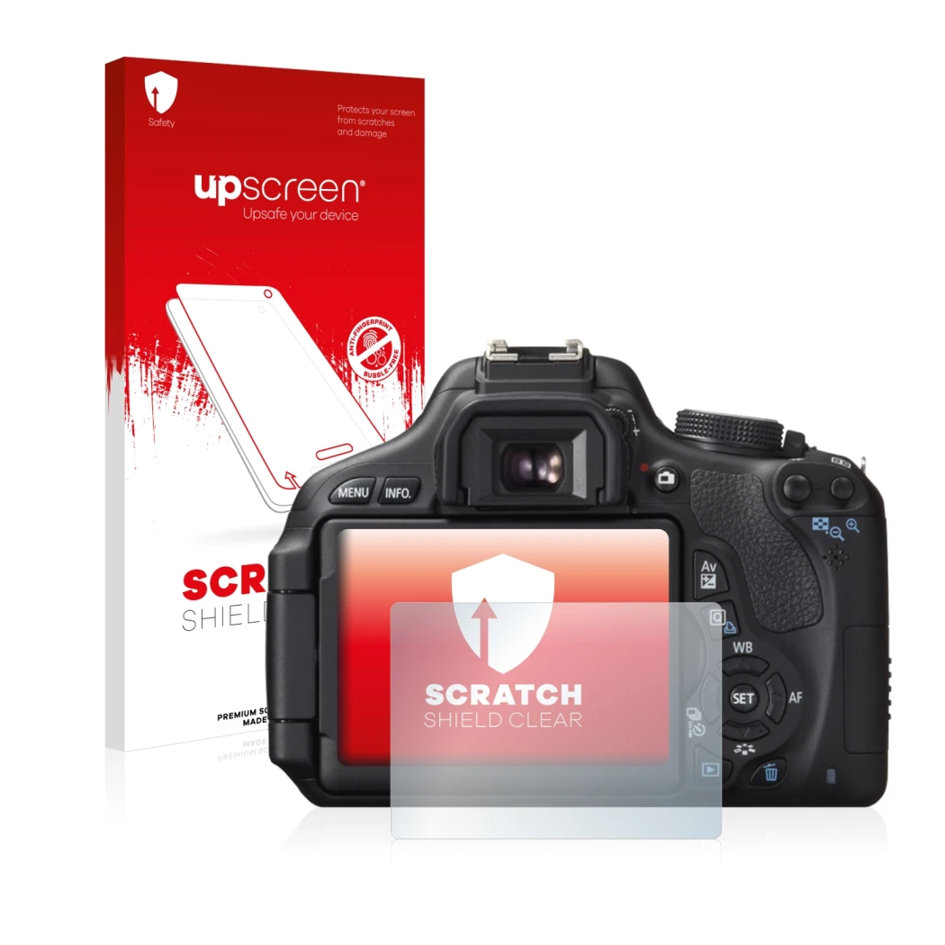 Parte frontal de un envase de producto con el logotipo de la marca upscreen. Al lado se muestra el dispositivo Canon EOS 600D 