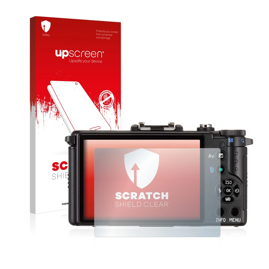 Parte frontal de un envase de producto con el logotipo de la marca upscreen. Al lado se muestra el dispositivo Pentax Q con su