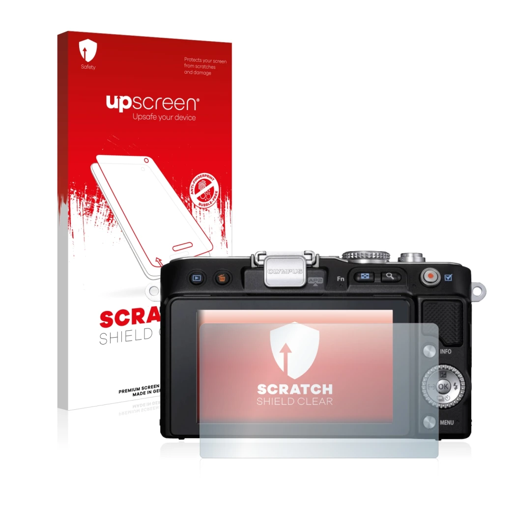 Parte frontal de un envase de producto con el logotipo de la marca upscreen. Al lado se muestra el dispositivo Olympus PEN E-P