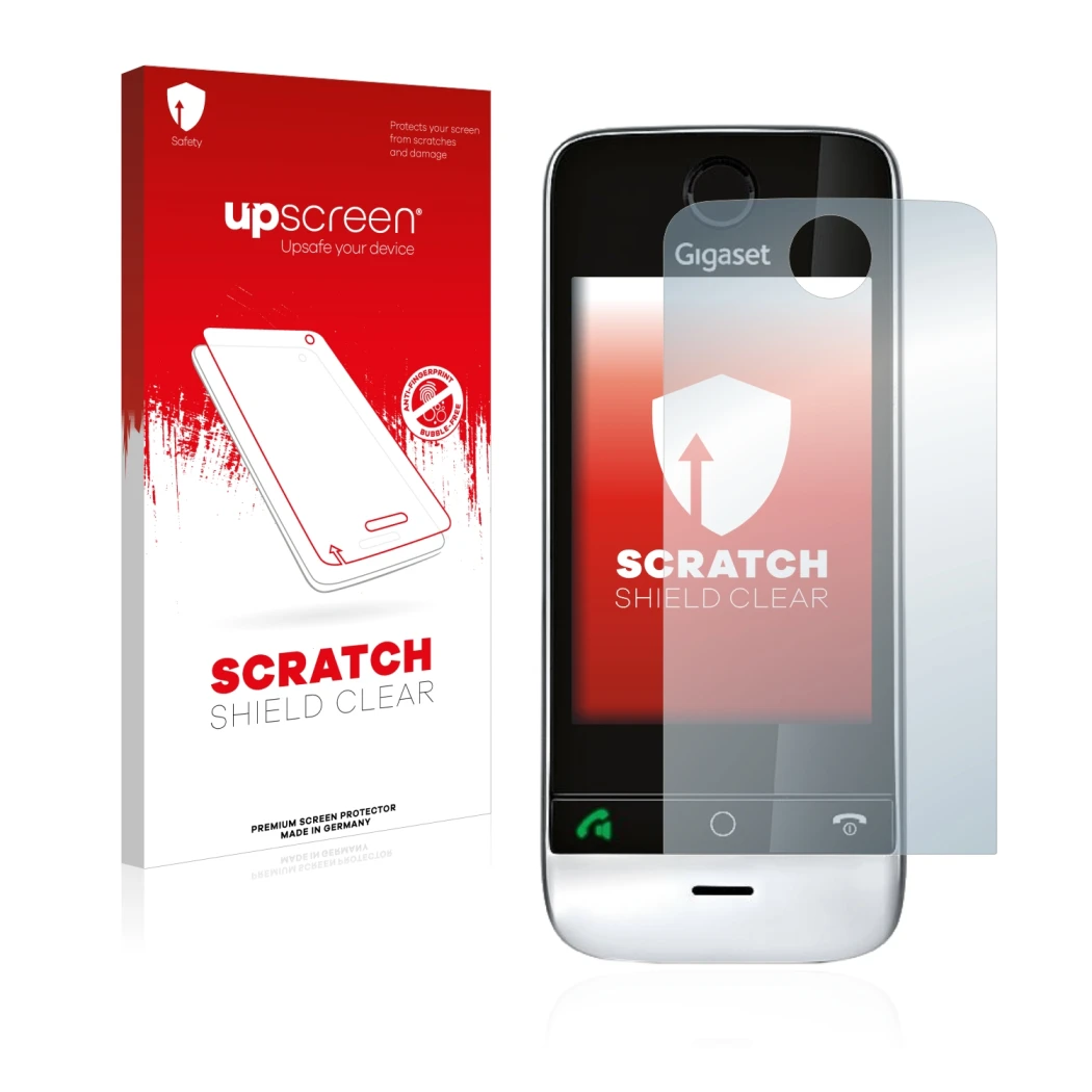 Parte frontal de un envase de producto con el logotipo de la marca upscreen. Al lado se muestra el dispositivo Gigaset SL910 (