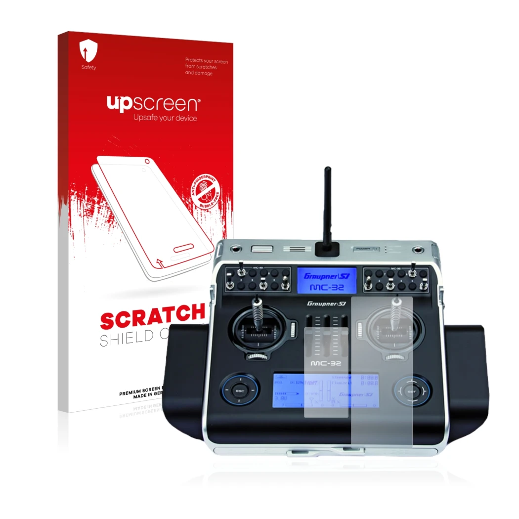 Parte frontal de un envase de producto con el logotipo de la marca upscreen. Al lado se muestra el dispositivo Graupner MC-32