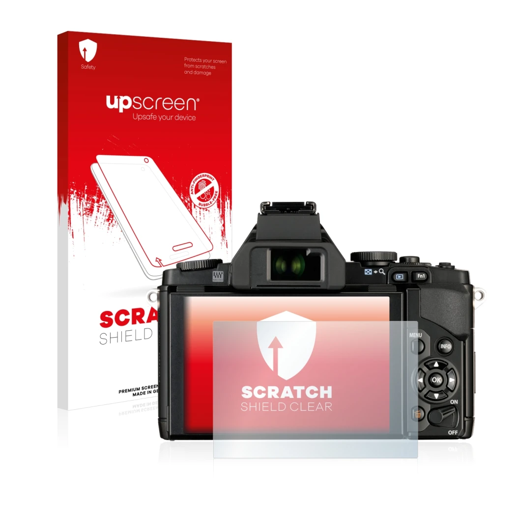 Parte frontal de un envase de producto con el logotipo de la marca upscreen. Al lado se muestra el dispositivo Olympus OM-D E-
