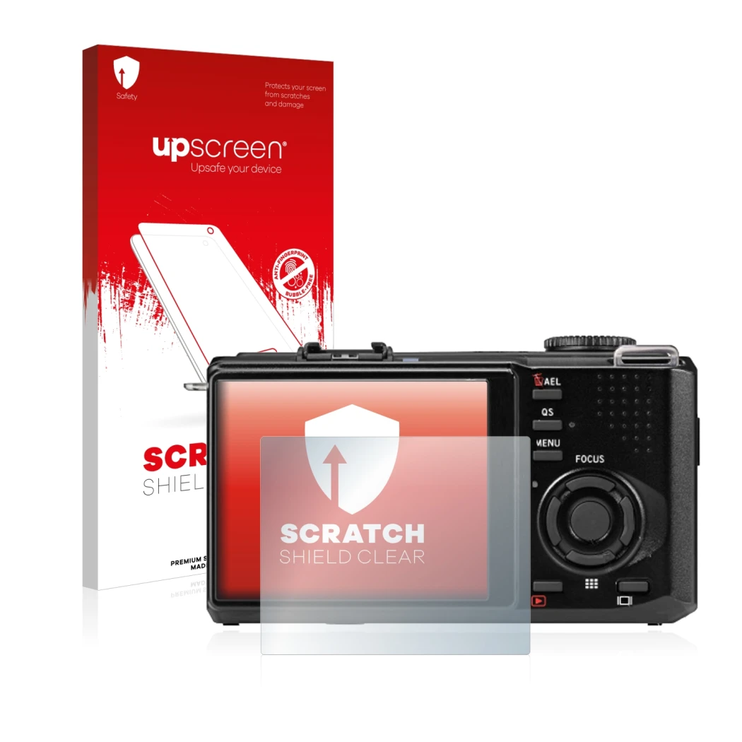 Parte frontal de un envase de producto con el logotipo de la marca upscreen. Al lado se muestra el dispositivo Sigma DP2 Merri