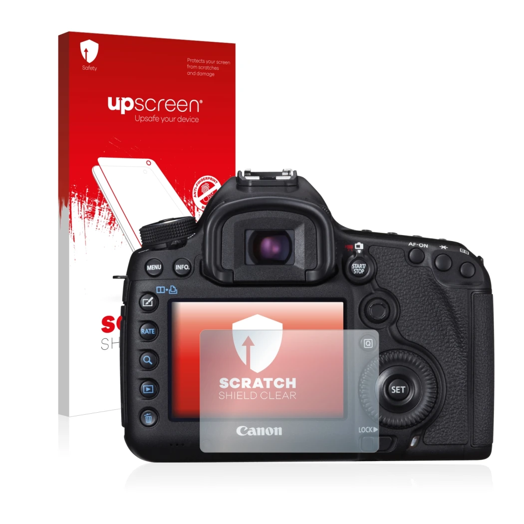 Parte frontal de un envase de producto con el logotipo de la marca upscreen. Al lado se muestra el dispositivo Canon EOS 5D Ma