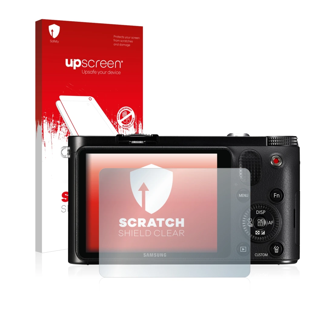 Parte frontal de un envase de producto con el logotipo de la marca upscreen. Al lado se muestra el dispositivo Samsung NX1000