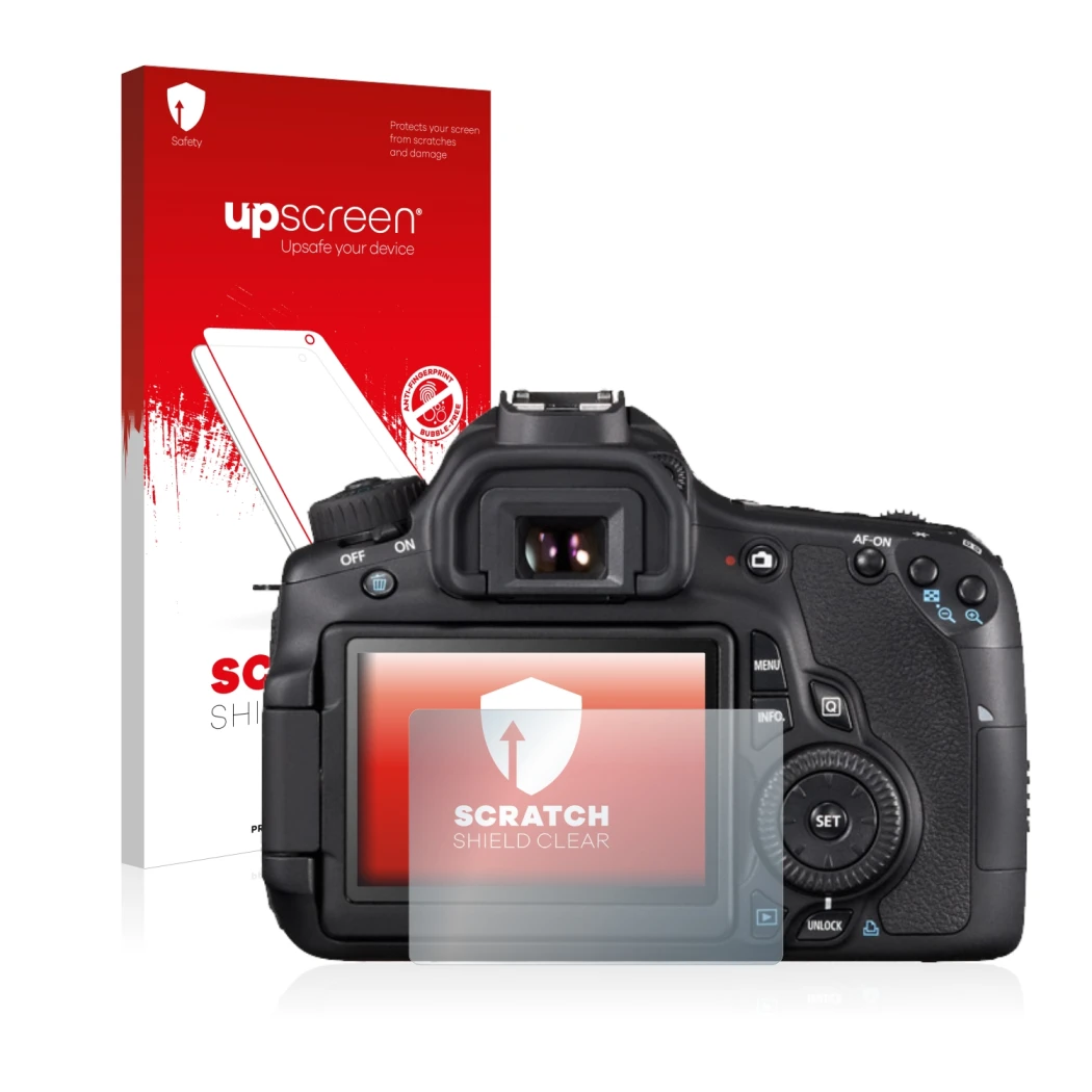 Parte frontal de un envase de producto con el logotipo de la marca upscreen. Al lado se muestra el dispositivo Canon EOS 650D 