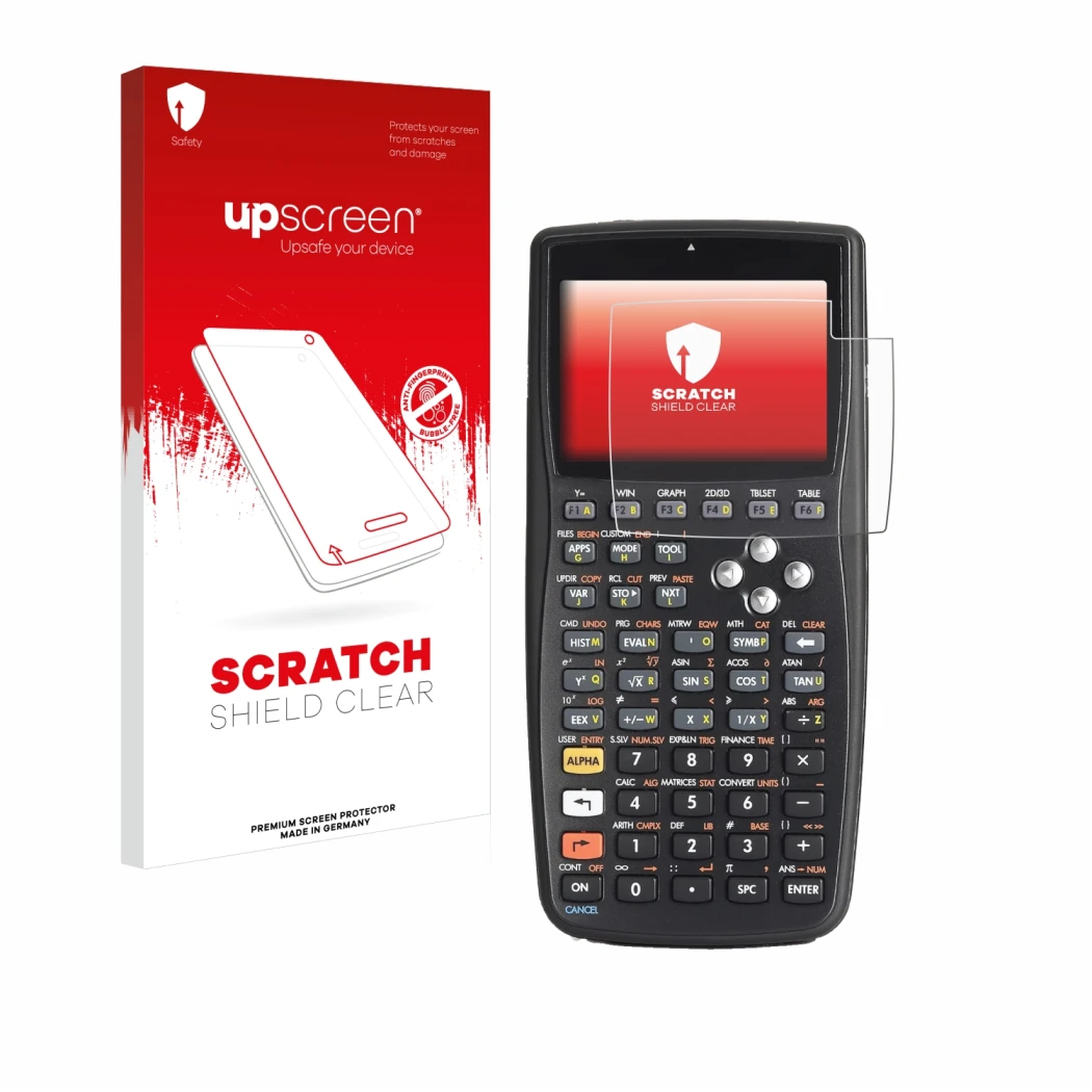 Parte frontal de un envase de producto con el logotipo de la marca upscreen. Al lado se muestra el dispositivo HP 50g F2229AA#