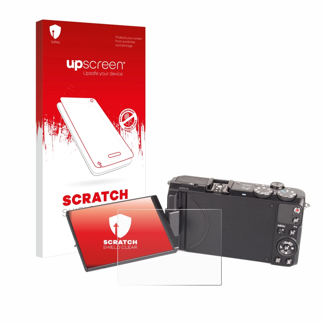 Parte frontal de un envase de producto con el logotipo de la marca upscreen. Al lado se muestra el dispositivo Samsung EX2F co