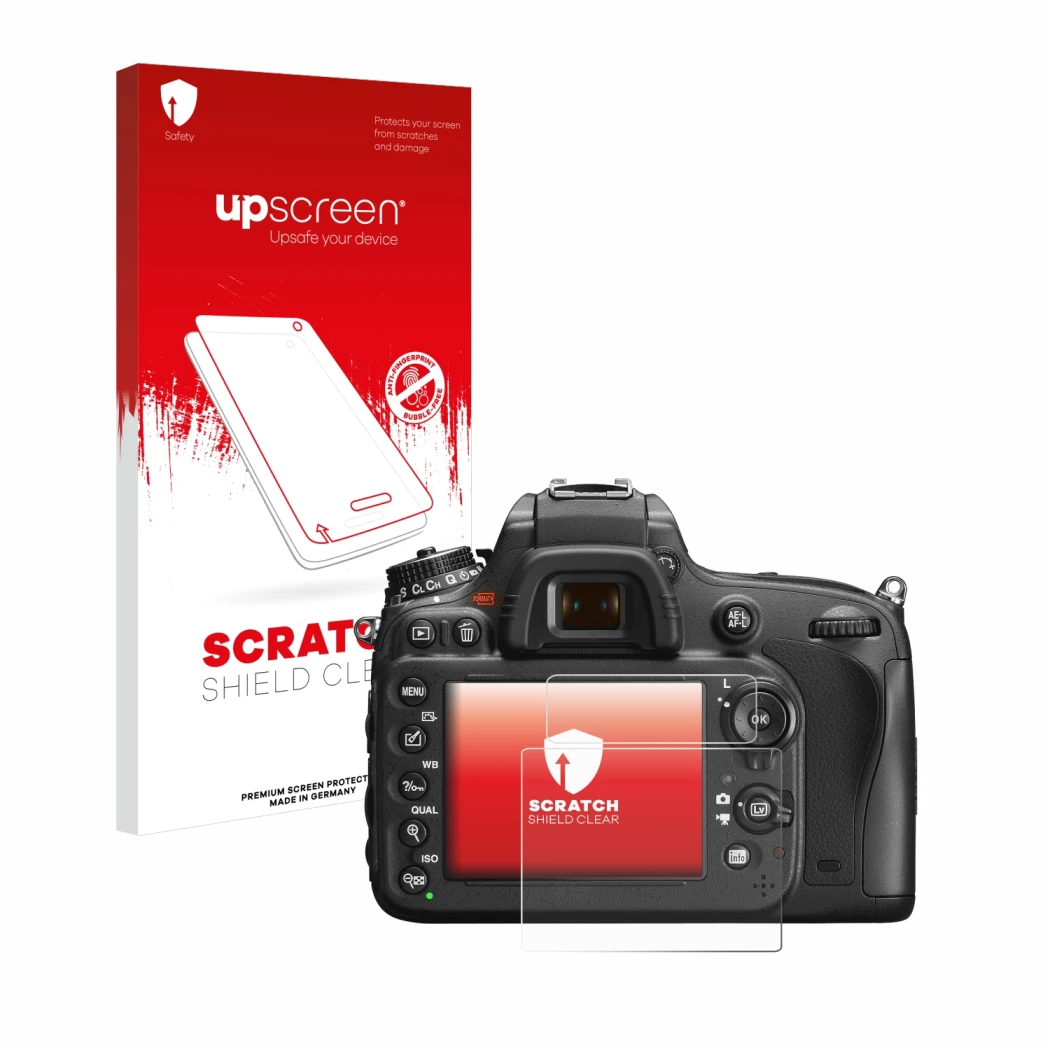 Parte frontal de un envase de producto con el logotipo de la marca upscreen. Al lado se muestra el dispositivo Nikon D600 con
