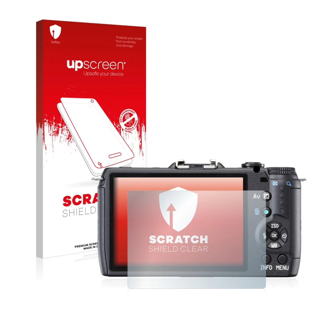 Parte frontal de un envase de producto con el logotipo de la marca upscreen. Al lado se muestra el dispositivo Pentax Q10 con