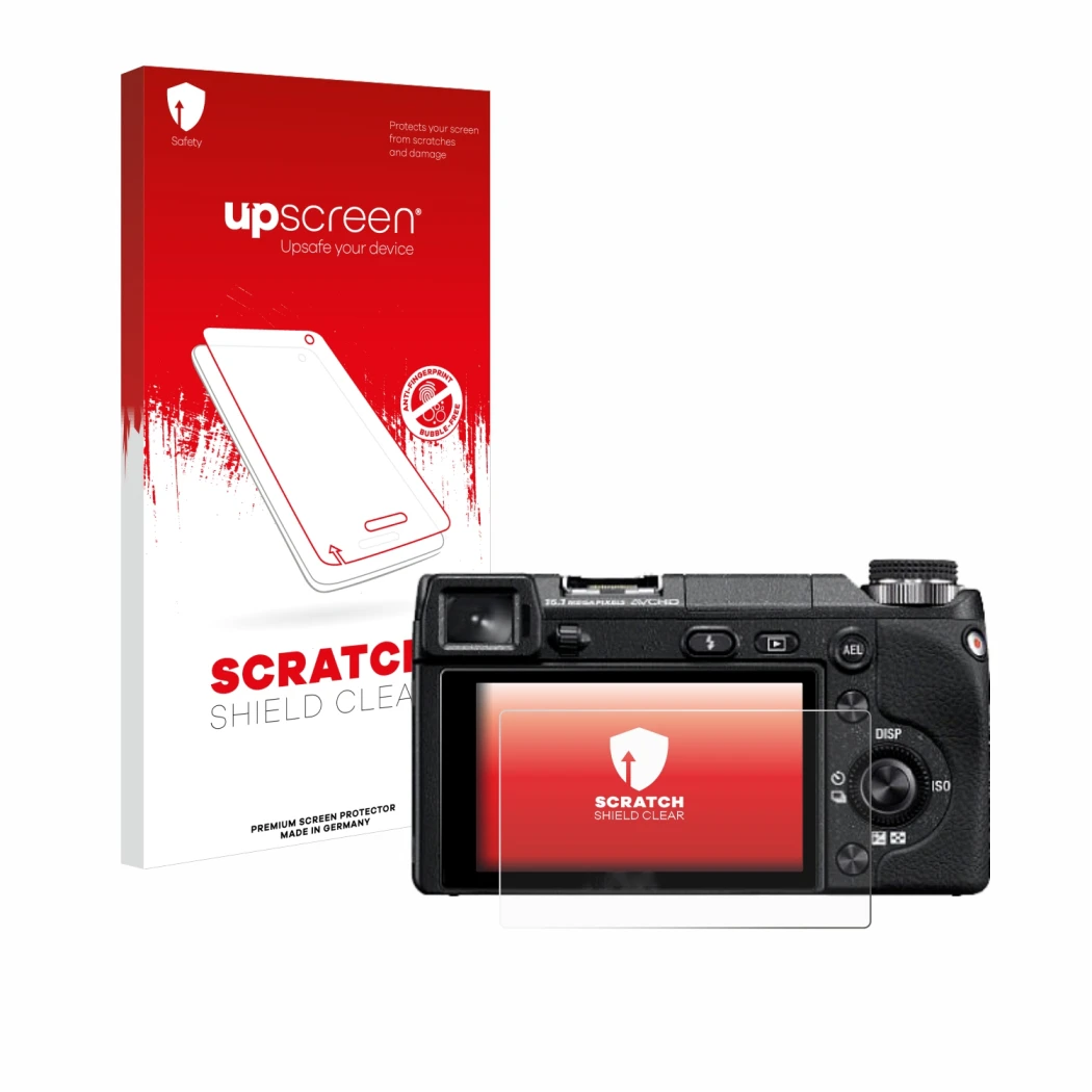 Parte frontal de un envase de producto con el logotipo de la marca upscreen. Al lado se muestra el dispositivo Sony Alpha NEX-