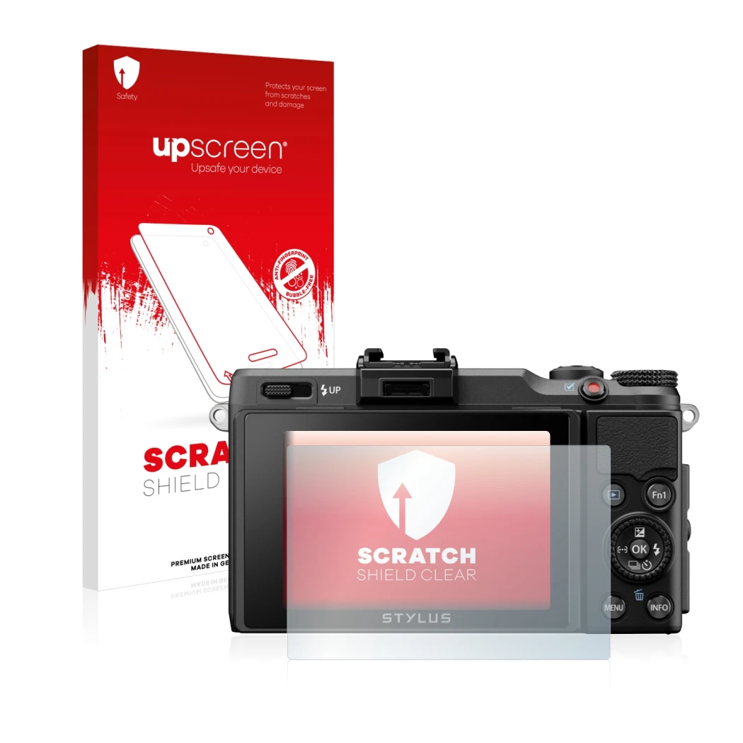 Parte frontal de un envase de producto con el logotipo de la marca upscreen. Al lado se muestra el dispositivo Olympus Stylus