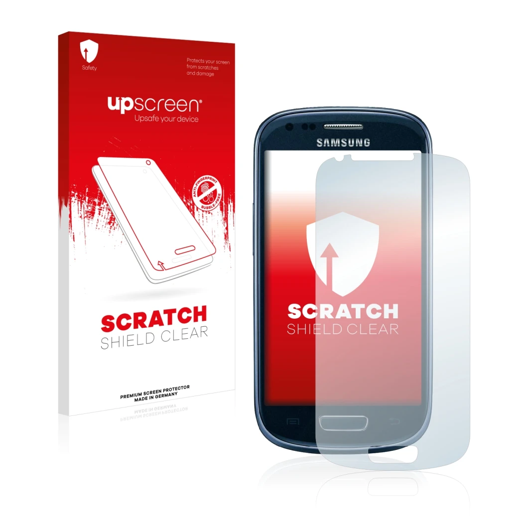 Parte frontal de un envase de producto con el logotipo de la marca upscreen. Al lado se muestra el dispositivo Samsung Galaxy