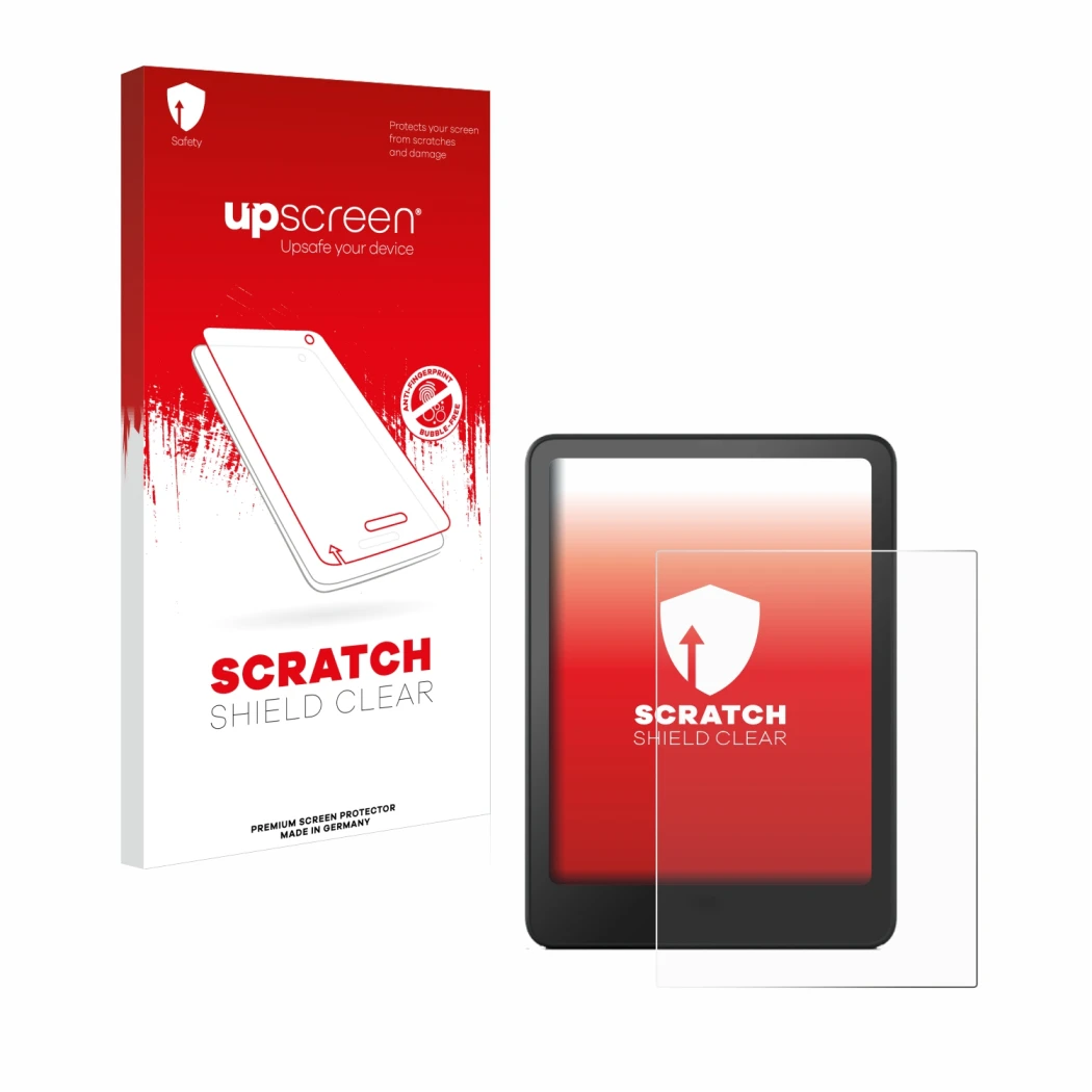 Parte frontal de un envase de producto con el logotipo de la marca upscreen. Al lado se muestra el dispositivo Amazon Kindle P