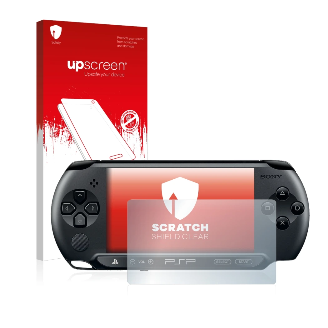 Parte frontal de un envase de producto con el logotipo de la marca upscreen. Al lado se muestra el dispositivo Sony PSP 1004 c