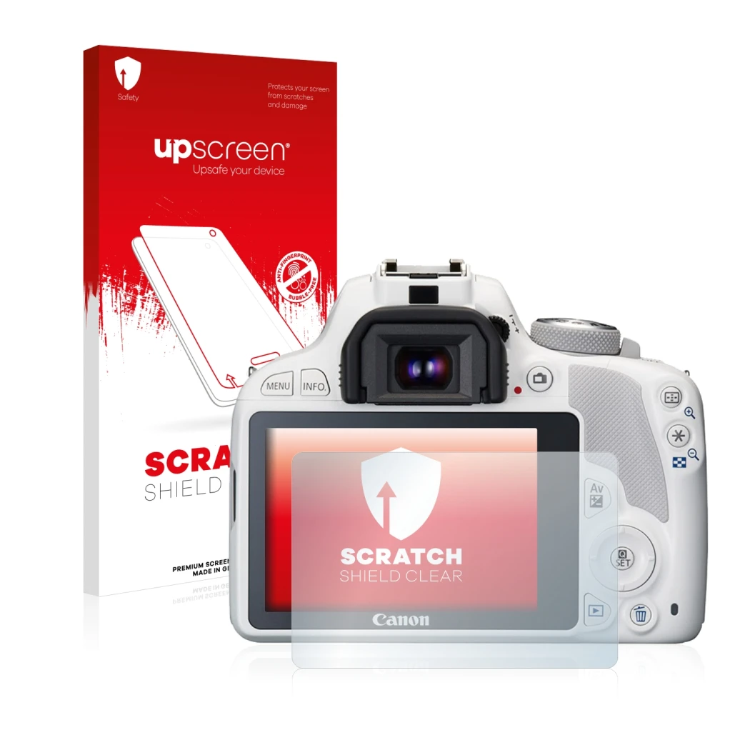 Parte frontal de un envase de producto con el logotipo de la marca upscreen. Al lado se muestra el dispositivo Canon EOS 100D