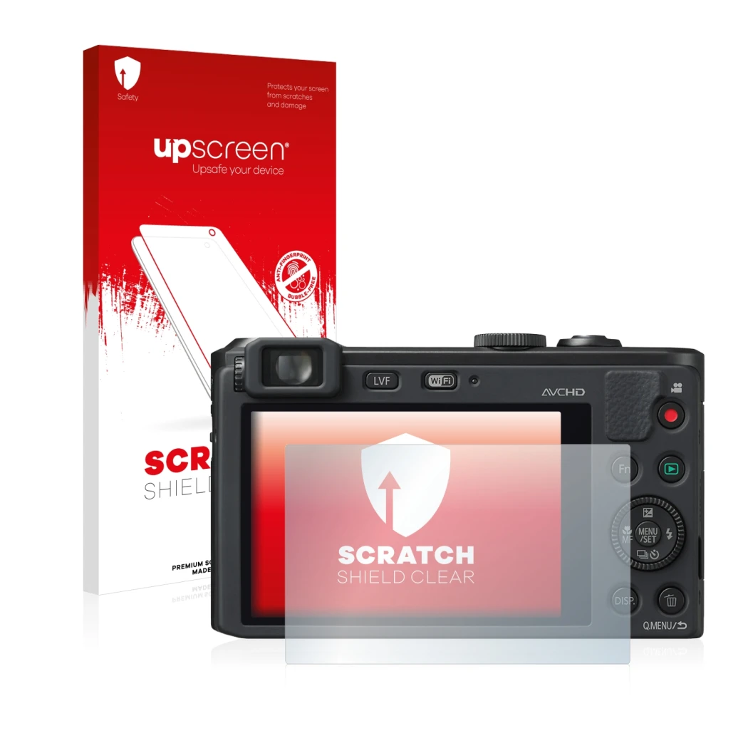 Parte frontal de un envase de producto con el logotipo de la marca upscreen. Al lado se muestra el dispositivo Panasonic Lumix