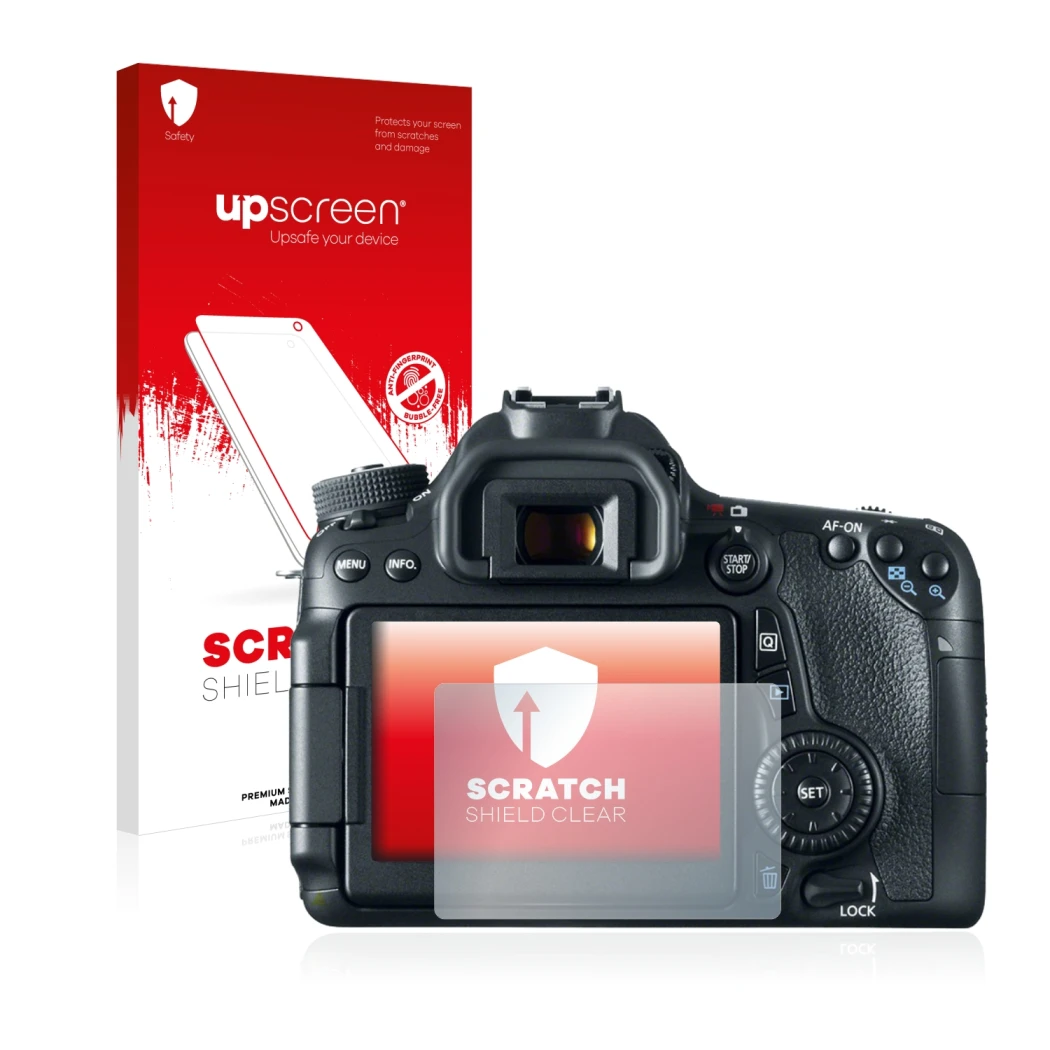 Parte frontal de un envase de producto con el logotipo de la marca upscreen. Al lado se muestra el dispositivo Canon EOS 70D c