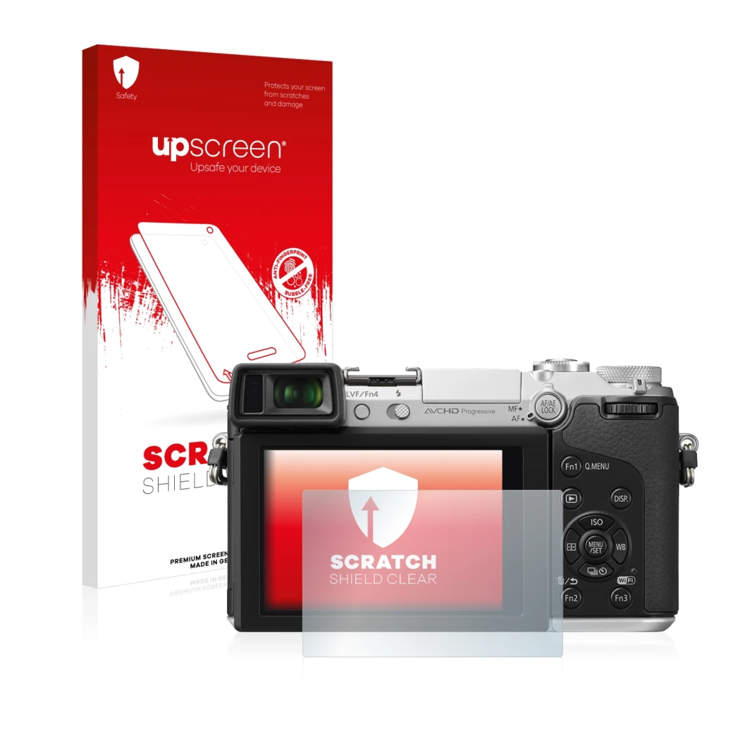 Parte frontal de un envase de producto con el logotipo de la marca upscreen. Al lado se muestra el dispositivo Panasonic Lumix
