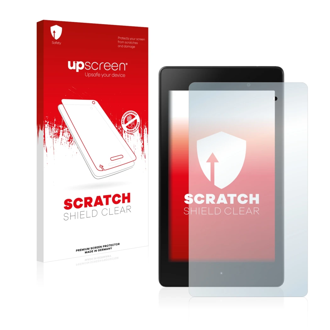 Parte frontal de un envase de producto con el logotipo de la marca upscreen. Al lado se muestra el dispositivo ASUS Nexus 7 Ta