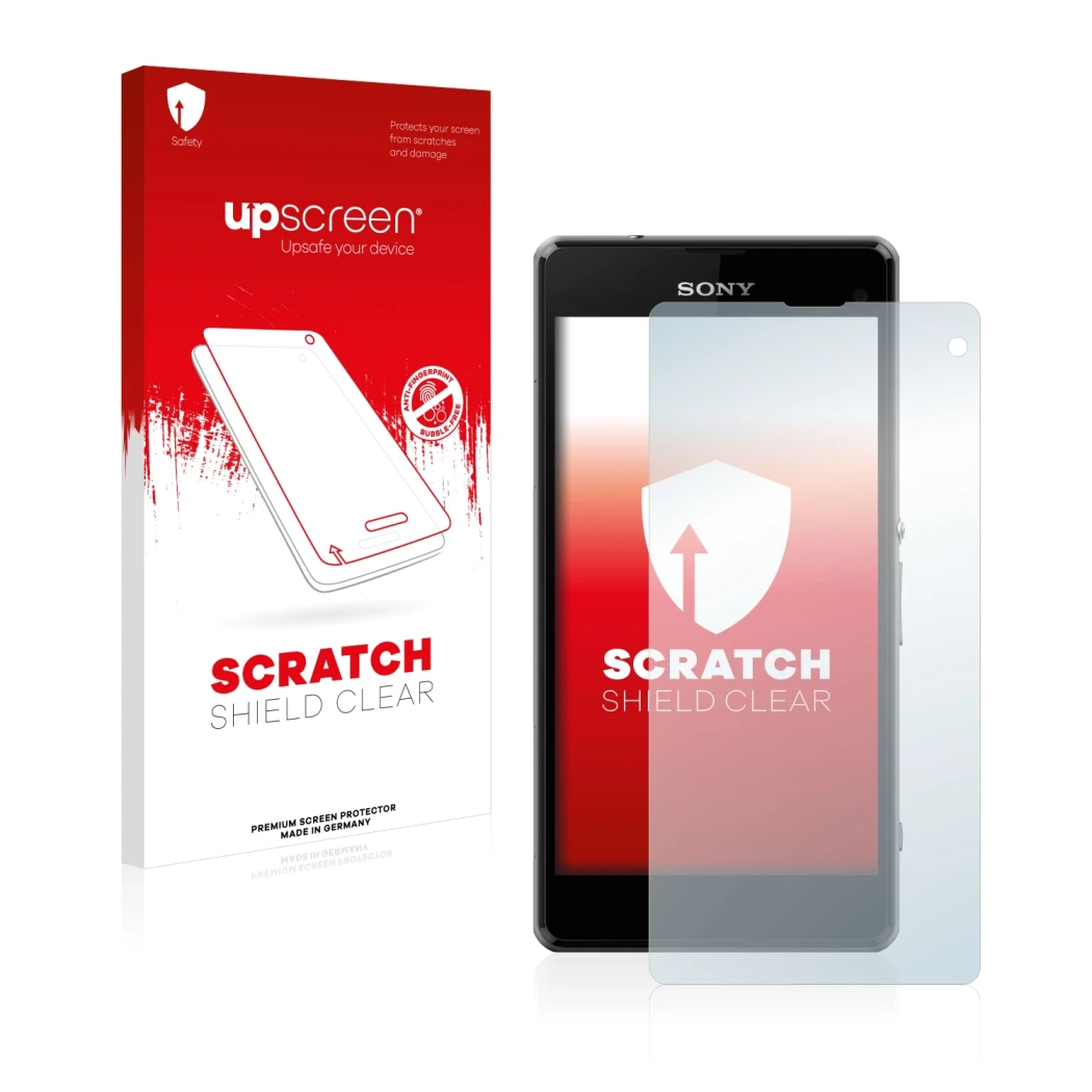Parte frontal de un envase de producto con el logotipo de la marca upscreen. Al lado se muestra el dispositivo Sony Xperia Z1 