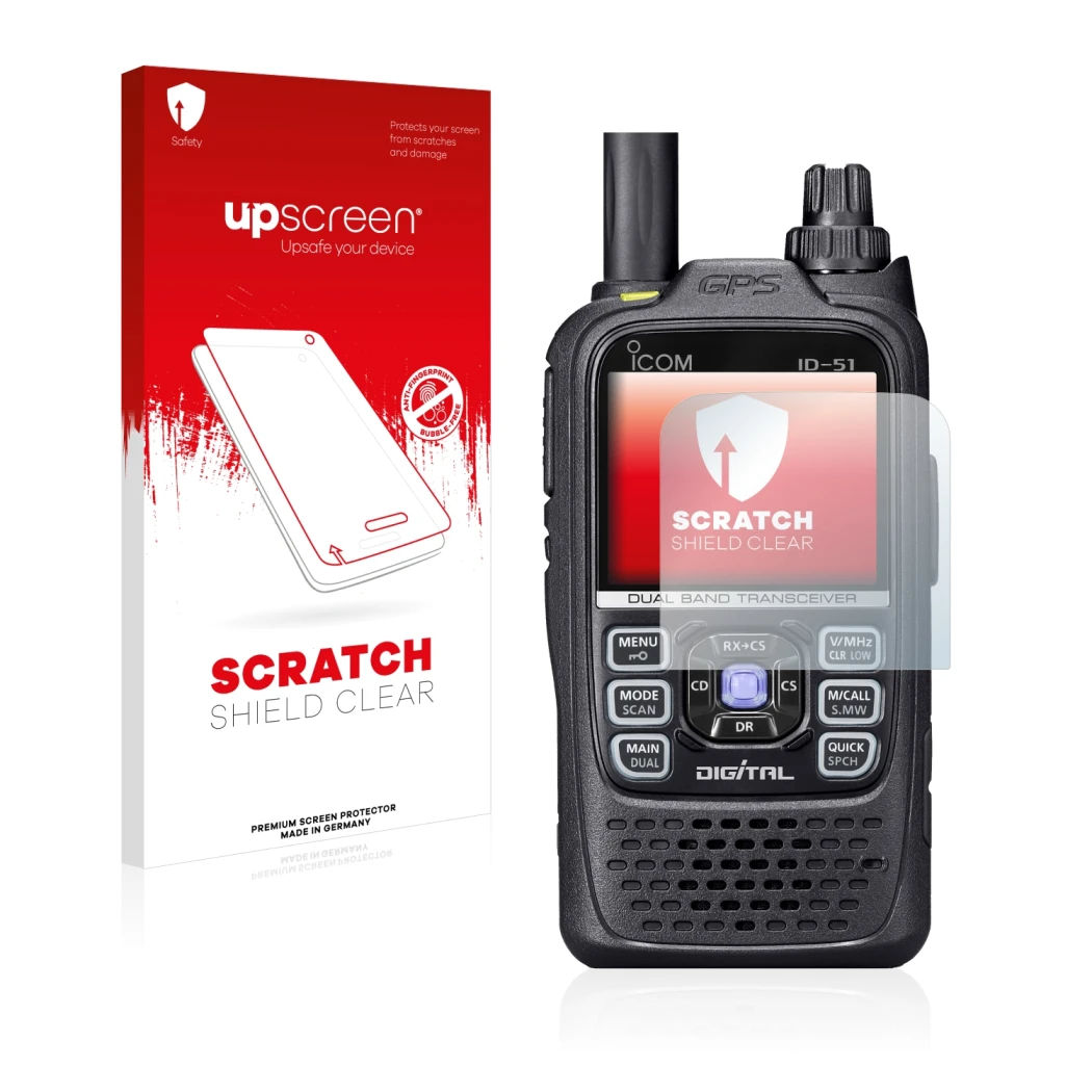 Parte frontal de un envase de producto con el logotipo de la marca upscreen. Al lado se muestra el dispositivo Icom ID-51 con 