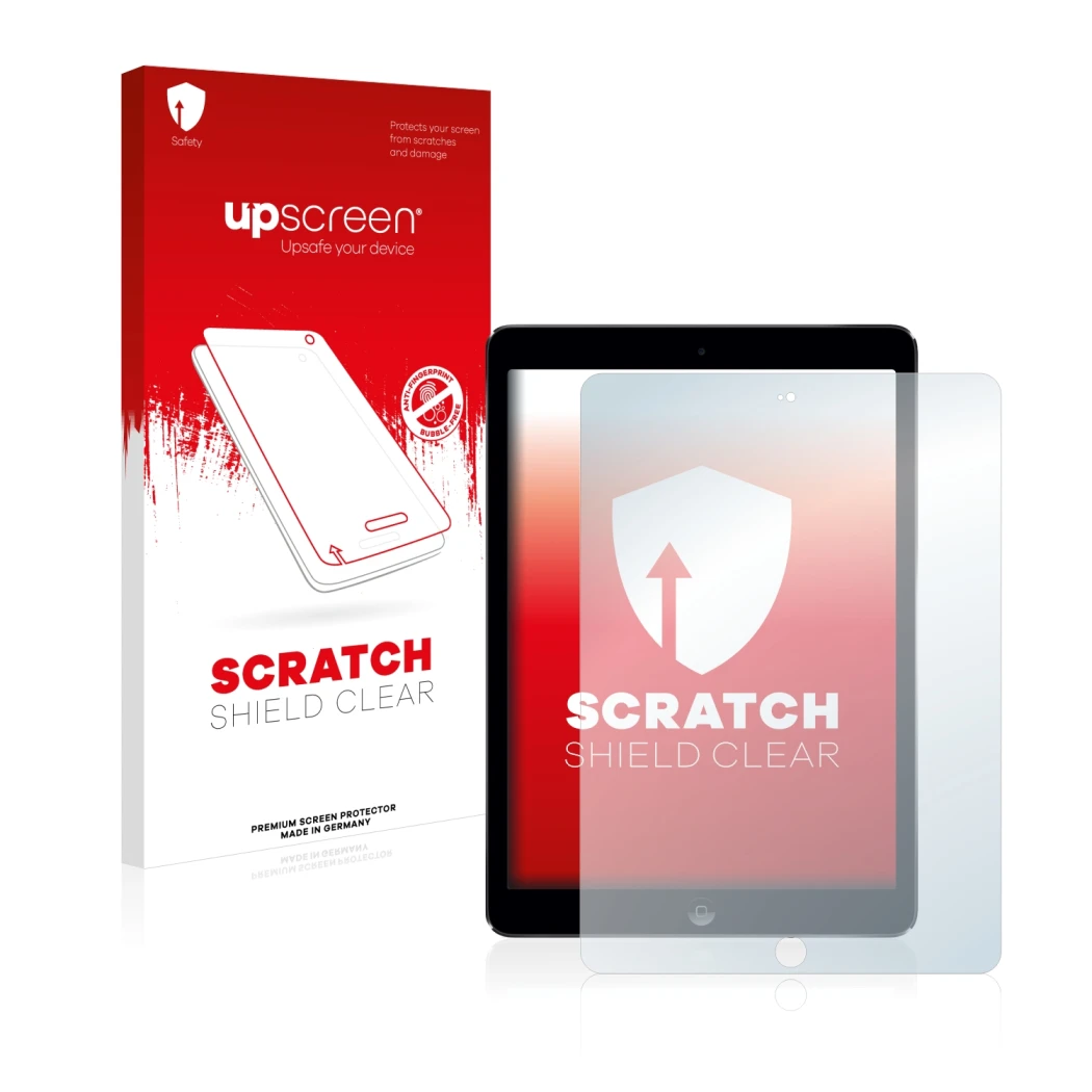 Parte frontal de un envase de producto con el logotipo de la marca upscreen. Al lado se muestra el dispositivo Apple iPad Air