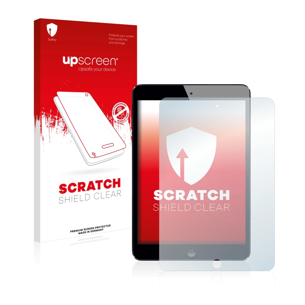 Parte frontal de un envase de producto con el logotipo de la marca upscreen. Al lado se muestra el dispositivo Apple iPad Mini