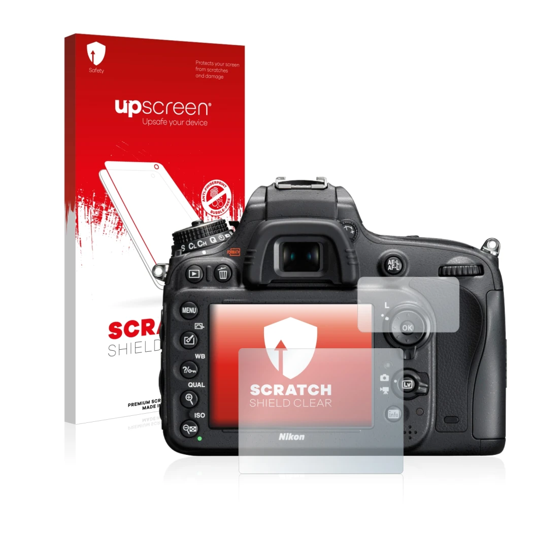 Parte frontal de un envase de producto con el logotipo de la marca upscreen. Al lado se muestra el dispositivo Nikon D610 con 
