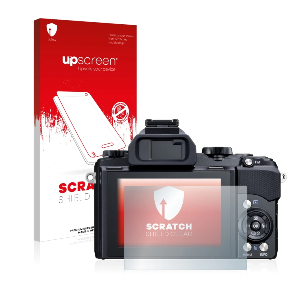 Parte frontal de un envase de producto con el logotipo de la marca upscreen. Al lado se muestra el dispositivo Olympus Stylus