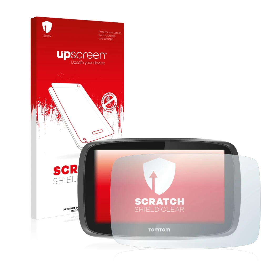 Parte frontal de un envase de producto con el logotipo de la marca upscreen. Al lado se muestra el dispositivo TomTom GO 5000