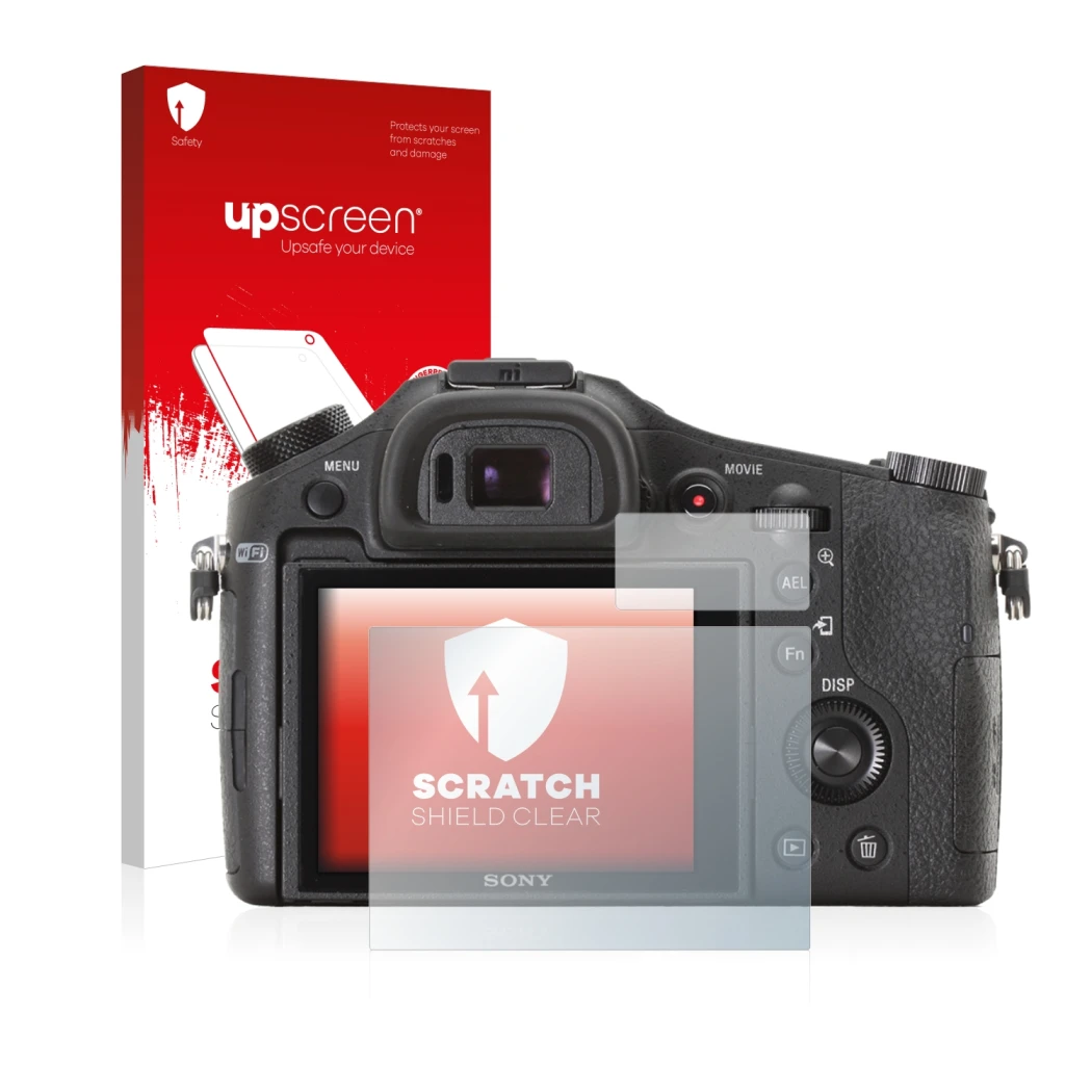 Parte frontal de un envase de producto con el logotipo de la marca upscreen. Al lado se muestra el dispositivo Sony Cyber-Shot