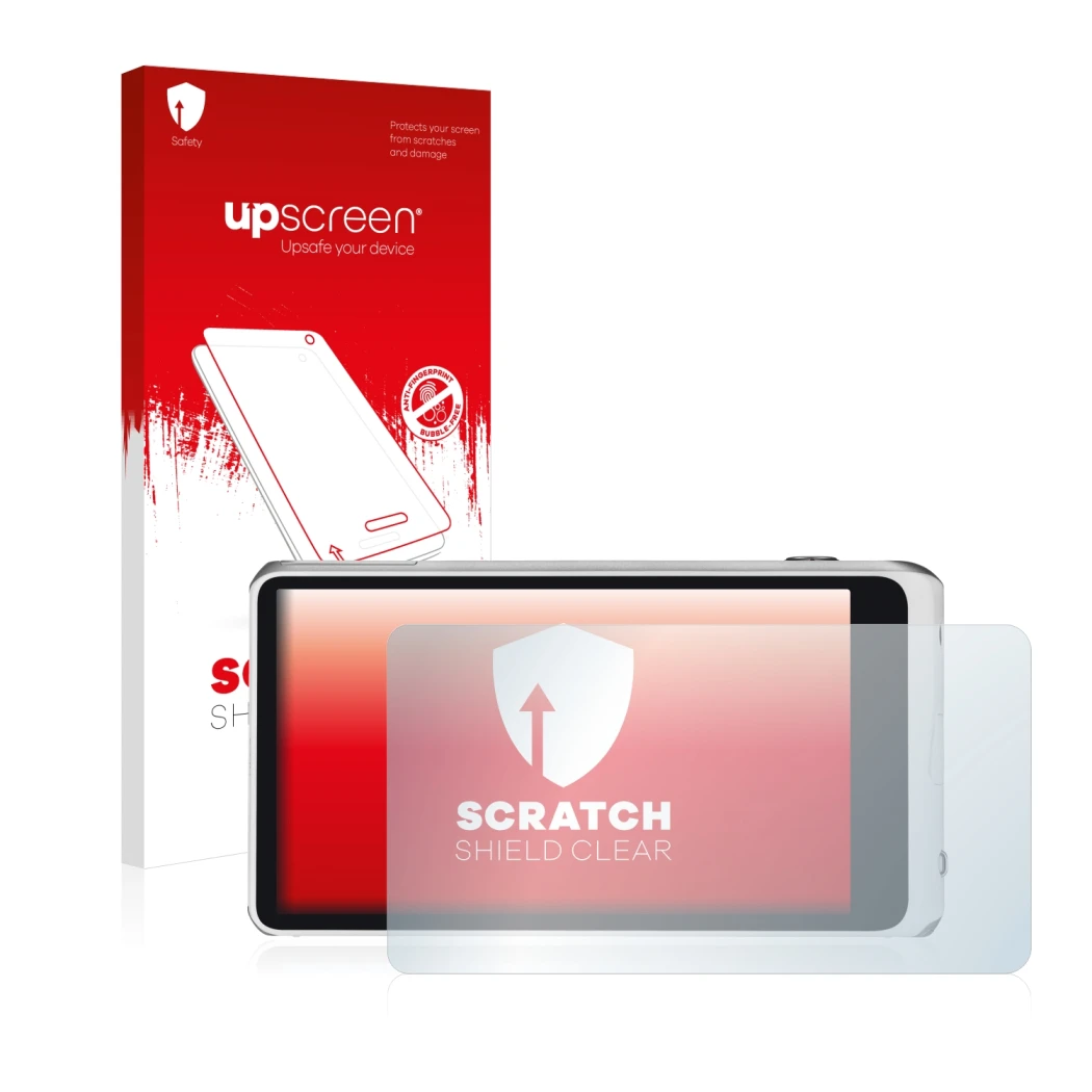 Parte frontal de un envase de producto con el logotipo de la marca upscreen. Al lado se muestra el dispositivo Samsung Galaxy 