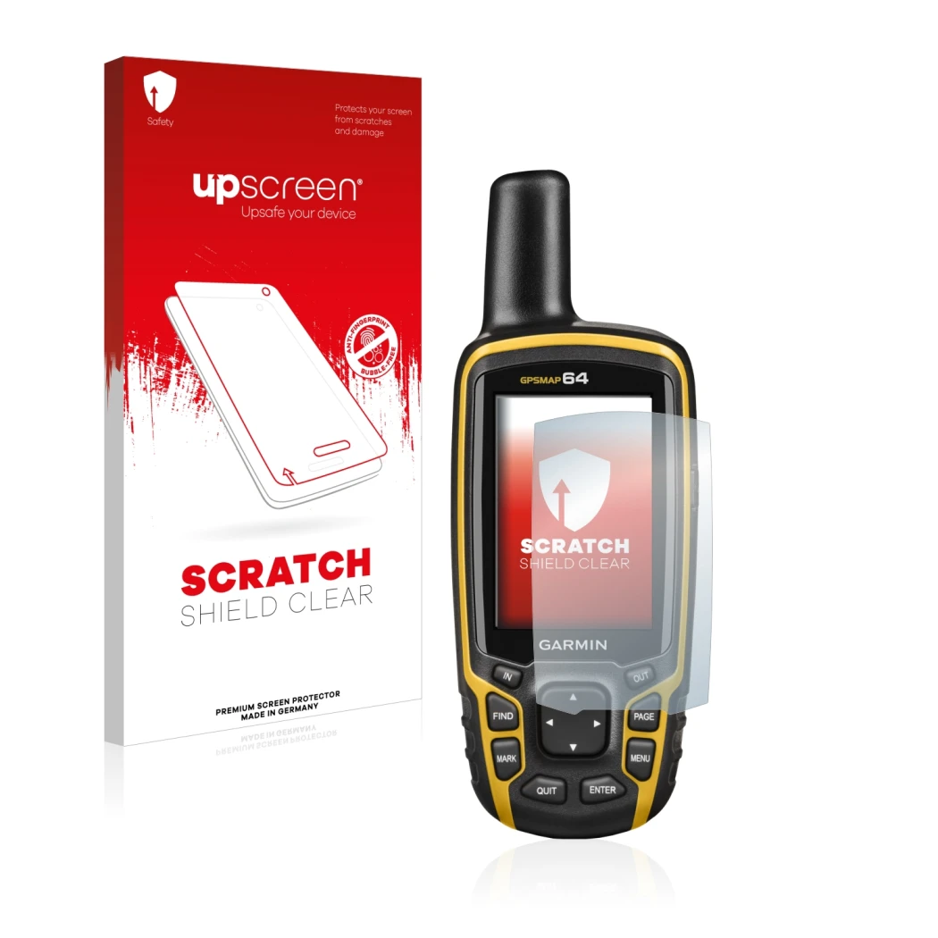 Parte frontal de un envase de producto con el logotipo de la marca upscreen. Al lado se muestra el dispositivo Garmin GPSMAP 6