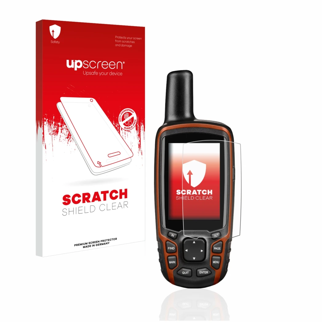 Parte frontal de un envase de producto con el logotipo de la marca upscreen. Al lado se muestra el dispositivo Garmin GPSMAP 6
