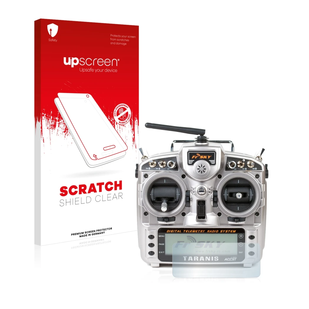 Parte frontal de un envase de producto con el logotipo de la marca upscreen. Al lado se muestra el dispositivo FrSky Taranis X