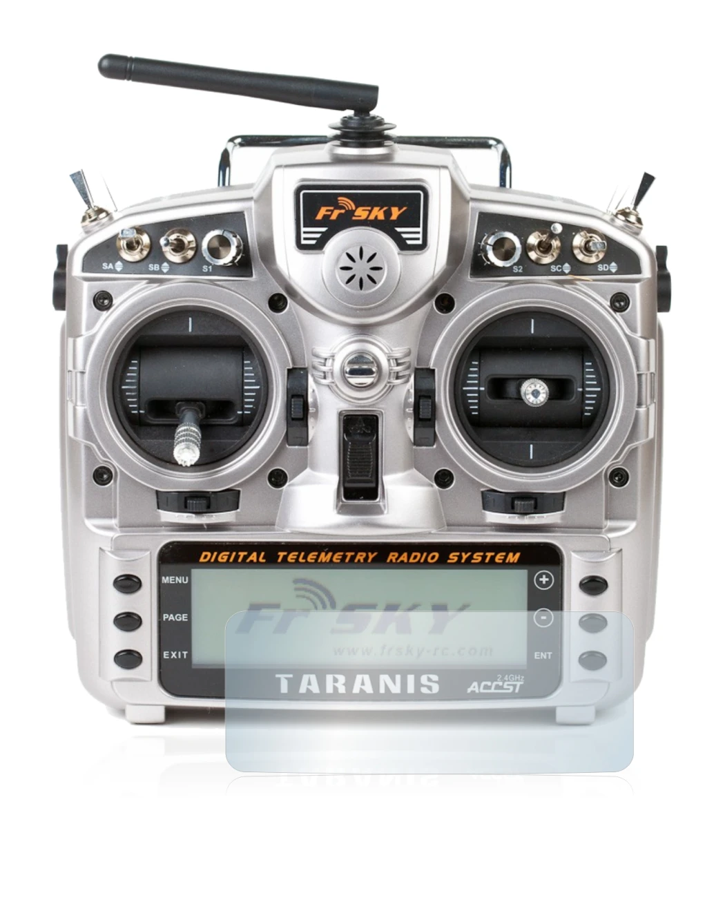 Imagen del dispositivo FrSky Taranis X9D con una amplia variedad de protectores de pantalla.