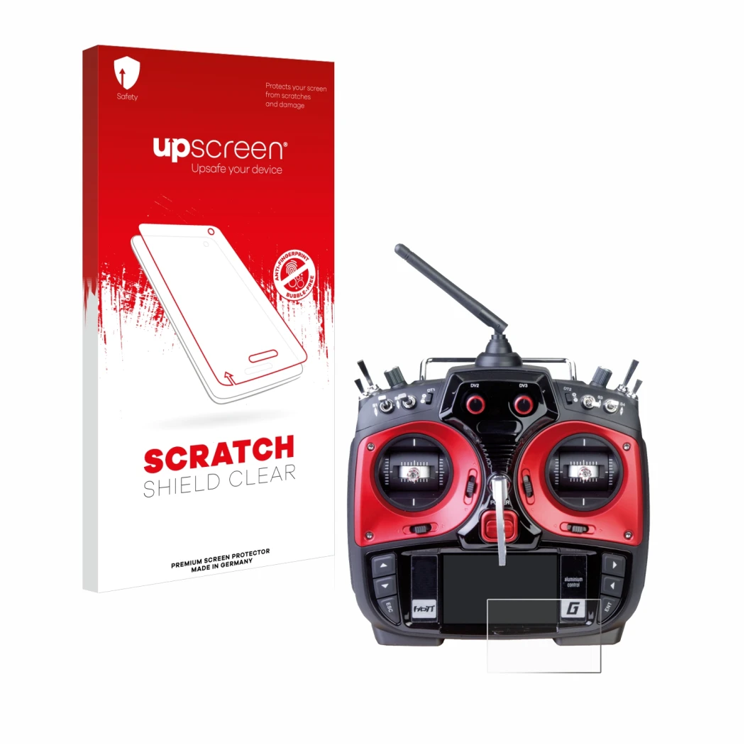 Parte frontal de un envase de producto con el logotipo de la marca upscreen. Al lado se muestra el dispositivo Graupner MZ-24